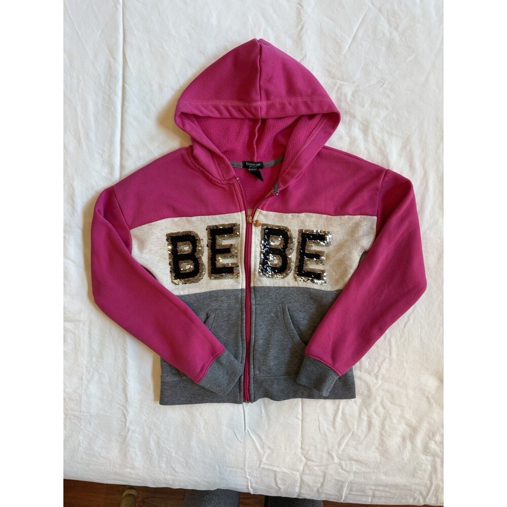 Bebe Girls Size 10/12 Full Zip Hoodie Pink Gray Cream Logo Athleisure Sweatshirt
